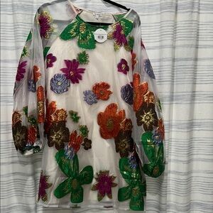 En Crème Embroidered Flower Mini Sheer Bubble Sleeve Dress